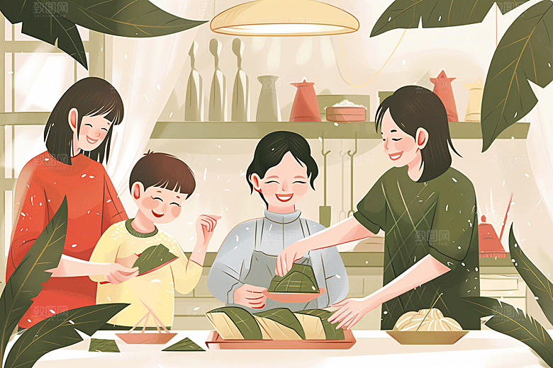 端午包粽子美味手绘插画