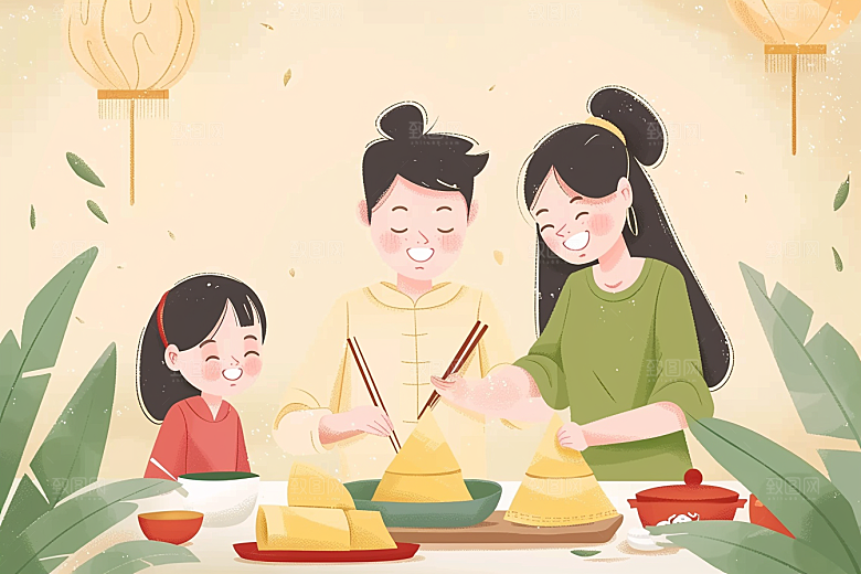 端午包粽子幸福高清插画