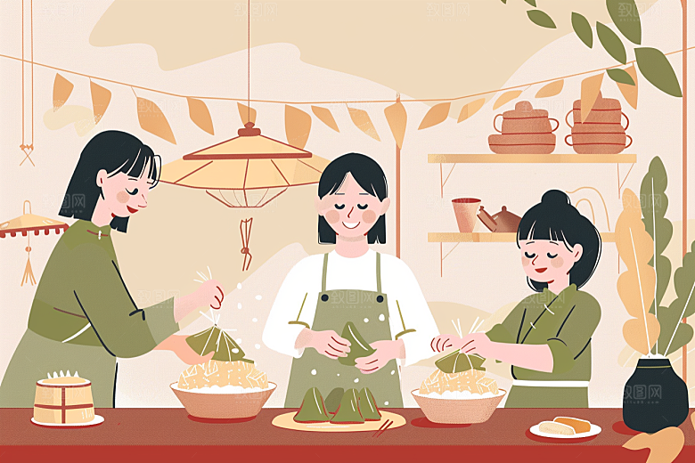 端午包粽子节日氛围手绘插画