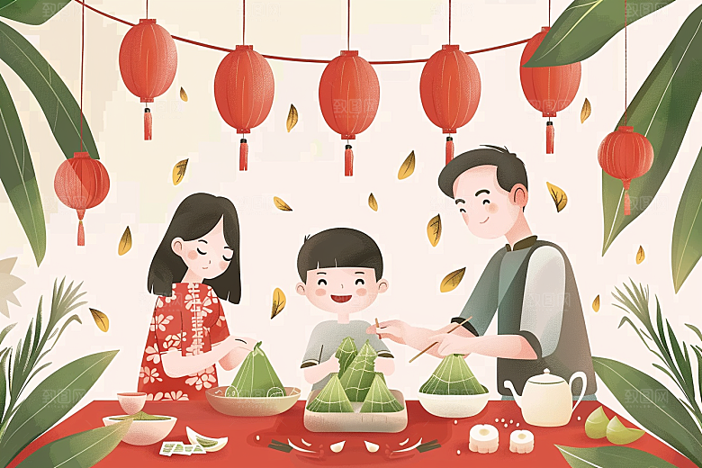 端午包粽子小吃美味插画