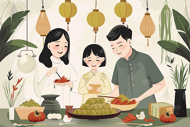 端午包粽子小吃高清插画
