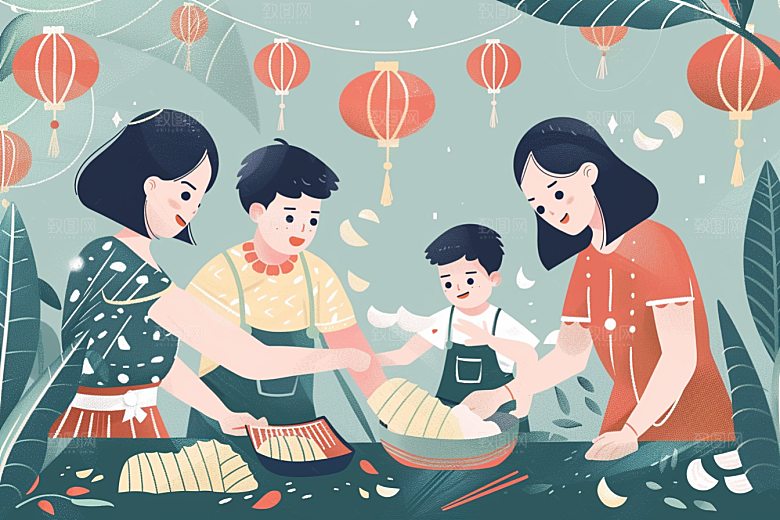 端午包粽子习俗粽叶插画