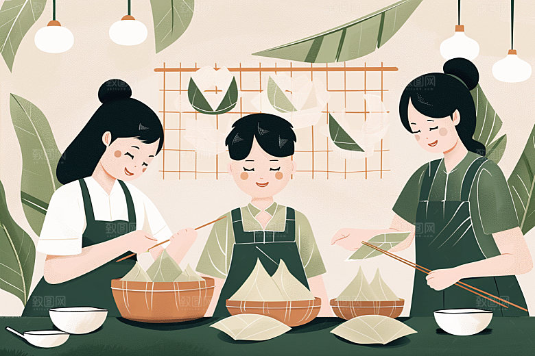 端午包粽子节日传统文化插画