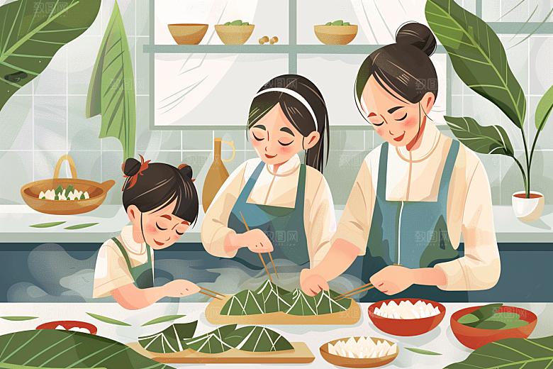 端午包粽子粽叶温馨插画