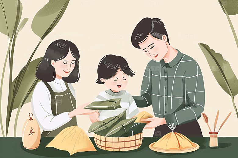 端午包粽子手绘高清插画