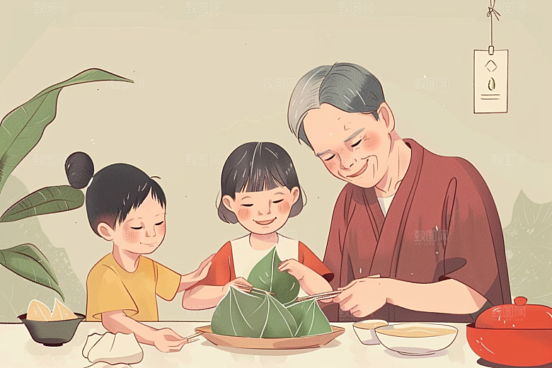 端午包粽子习俗阖家团聚插画