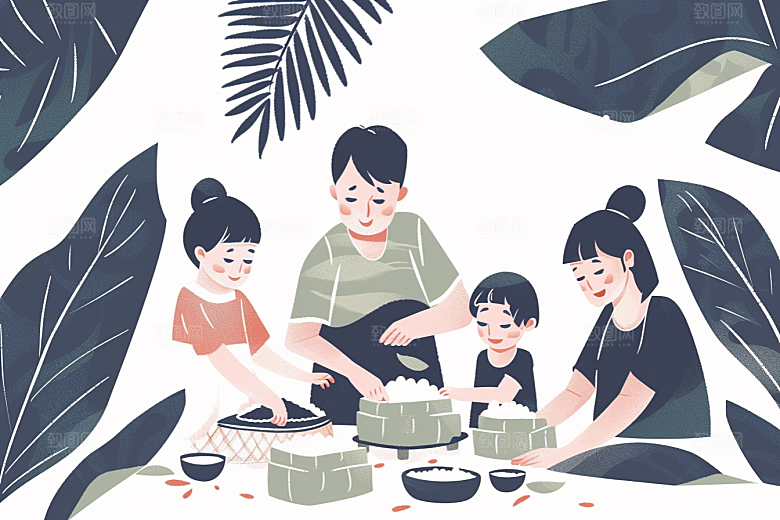端午包粽子粽叶美味插画