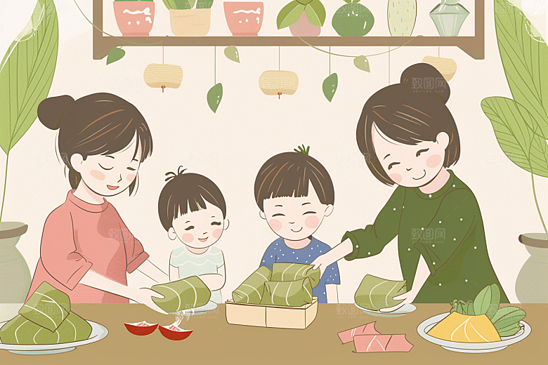 端午包粽子幸福小吃插画