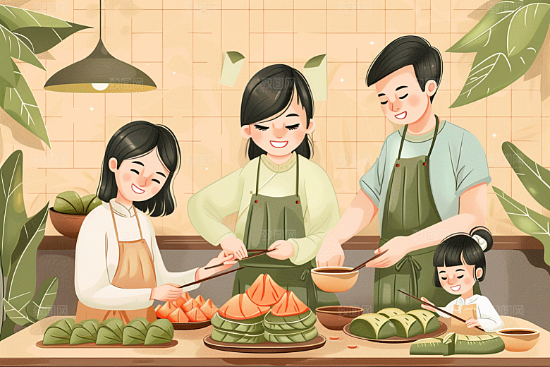 端午包粽子端午节习俗插画