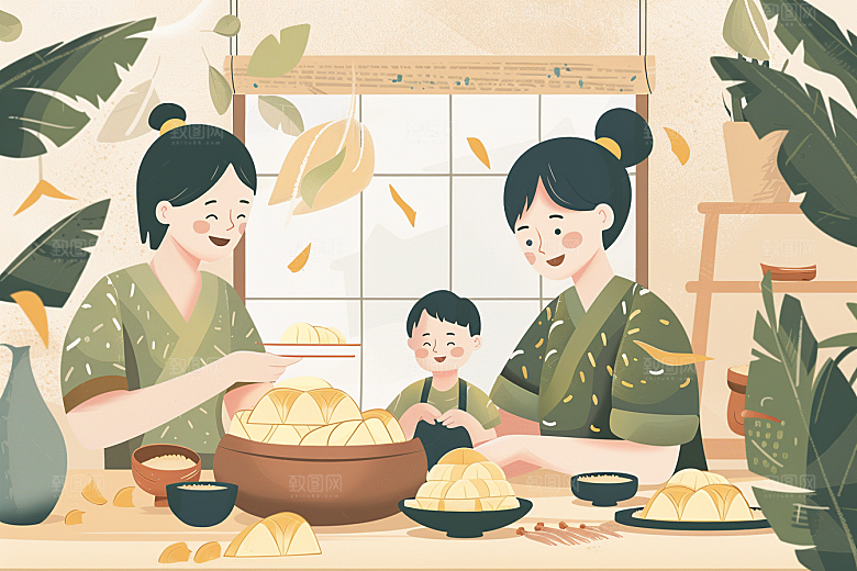 端午包粽子习俗小吃插画