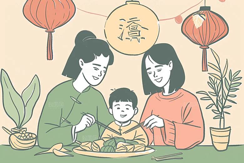 端午包粽子温馨习俗插画