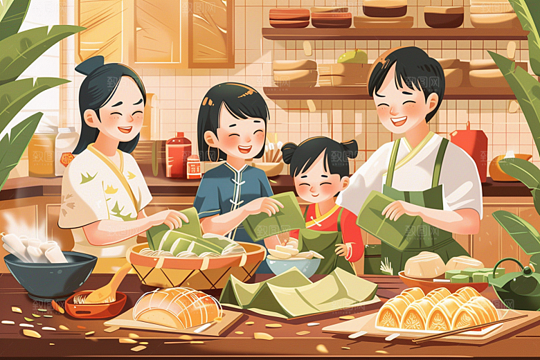 端午包粽子传统文化粽叶插画
