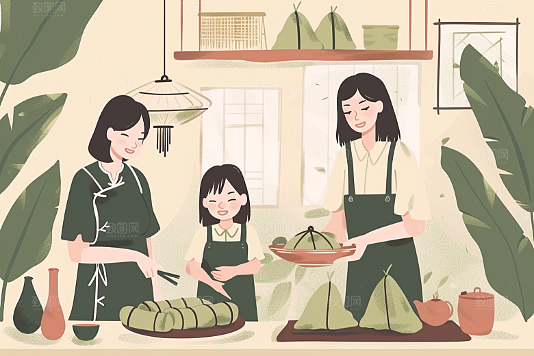 端午包粽子高清粽叶插画