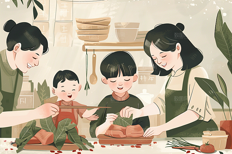 端午包粽子温馨手绘插画