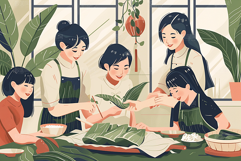 端午包粽子阖家团聚节日氛围插画