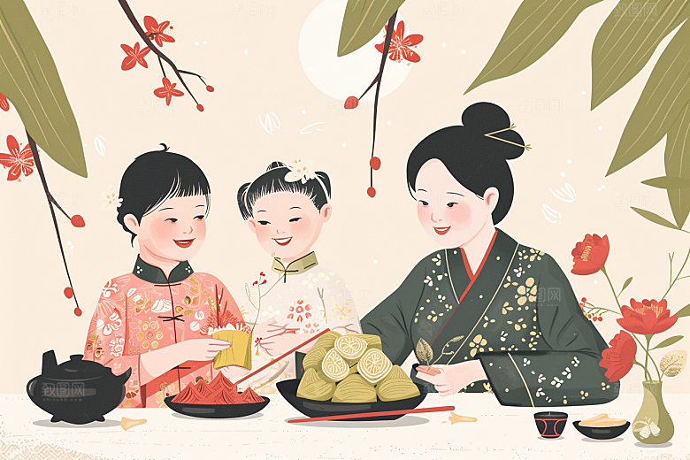 端午包粽子美味高清插画