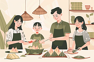 端午包粽子温馨幸福插画