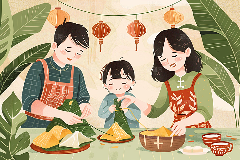 端午包粽子温馨美味插画