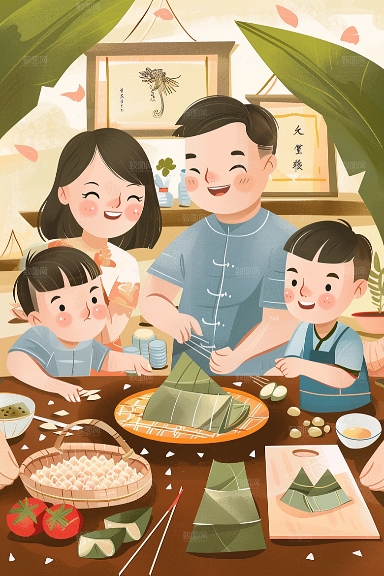 端午包粽子节日温馨插画