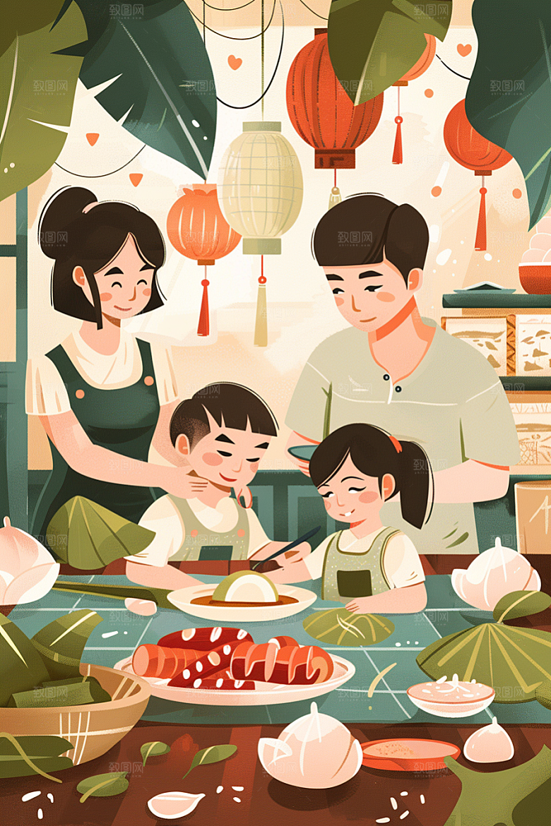 端午包粽子粽叶高清插画