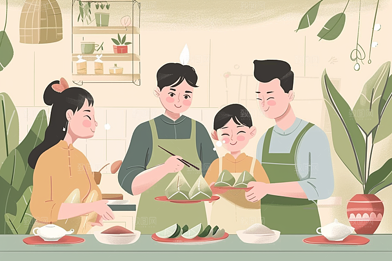 端午包粽子手绘习俗插画