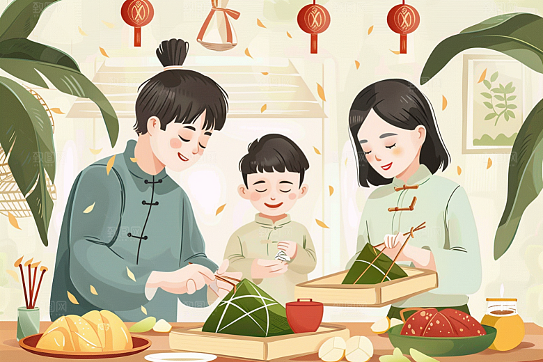端午包粽子手绘高清插画