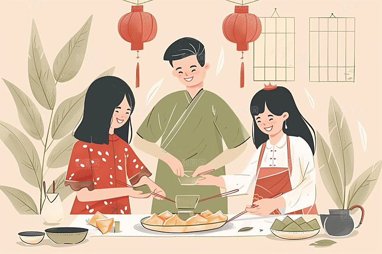 端午包粽子高清节日氛围插画