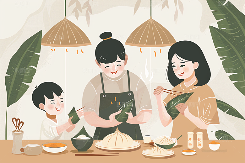 端午包粽子习俗阖家团聚插画