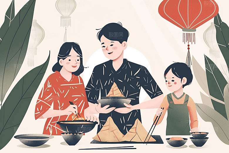 端午包粽子节日手绘插画