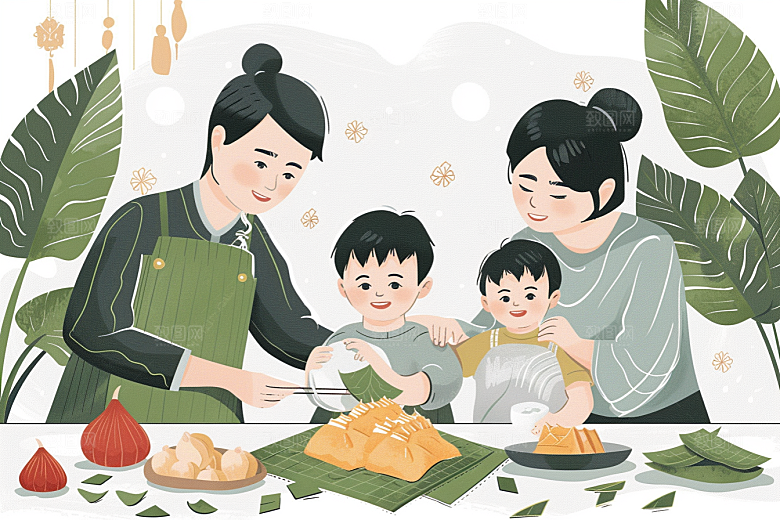 端午包粽子温馨美食插画