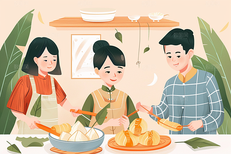 端午包粽子习俗传统文化插画