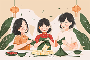 端午包粽子美食糯米插画