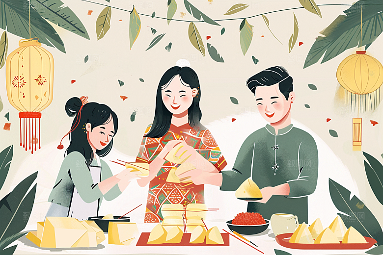 端午包粽子传统文化节日氛围插画