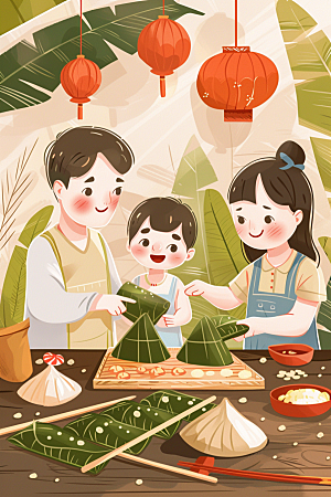 端午包粽子传统文化小吃插画