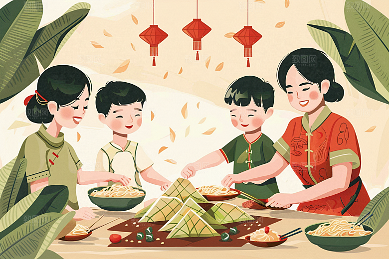 端午包粽子阖家团聚节日插画
