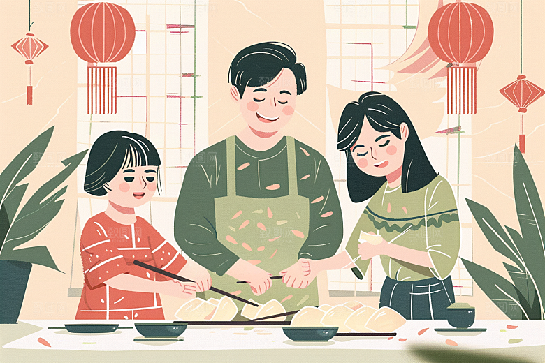 端午包粽子阖家团聚美食插画