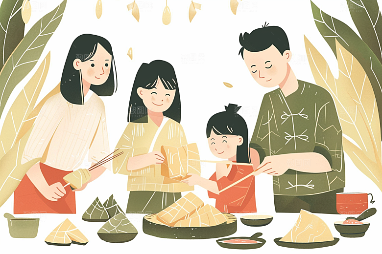 端午包粽子温馨高清插画