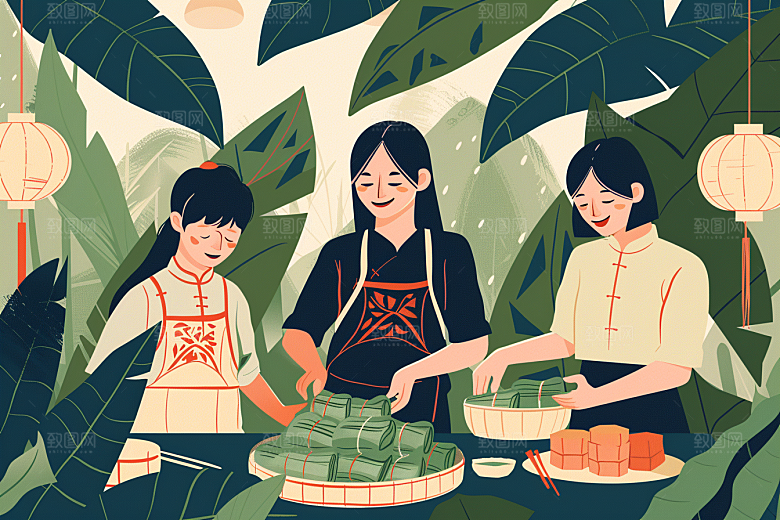 端午包粽子阖家团聚传统文化插画