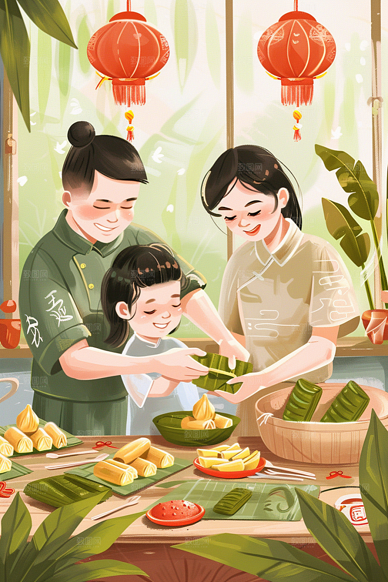 端午包粽子美味节日氛围插画