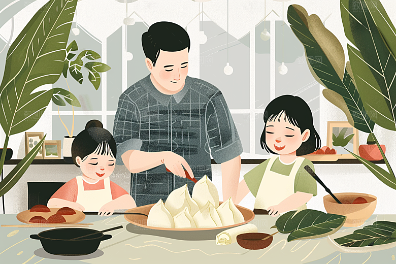 端午包粽子手绘小吃插画