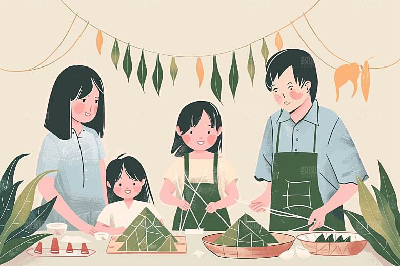 端午包粽子习俗高清插画