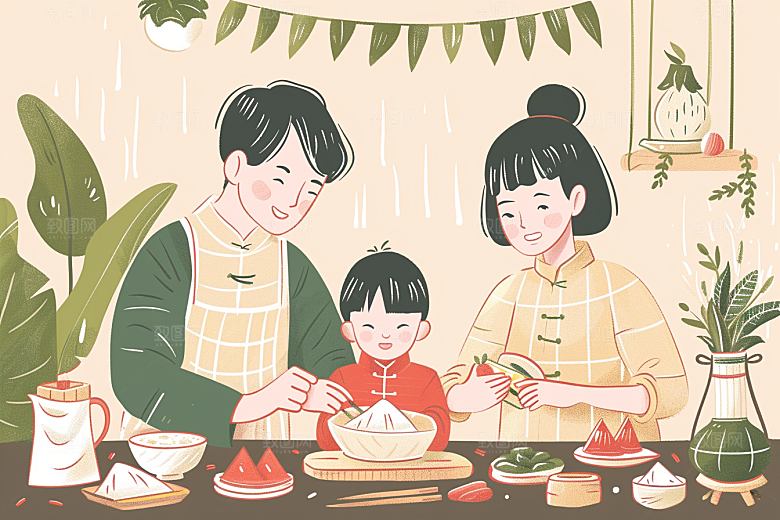 端午包粽子节日氛围手绘插画