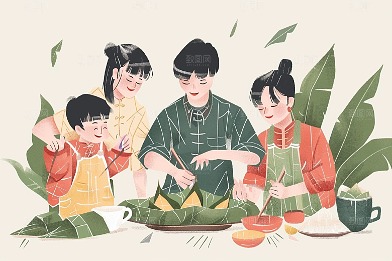 端午包粽子手绘端午节插画