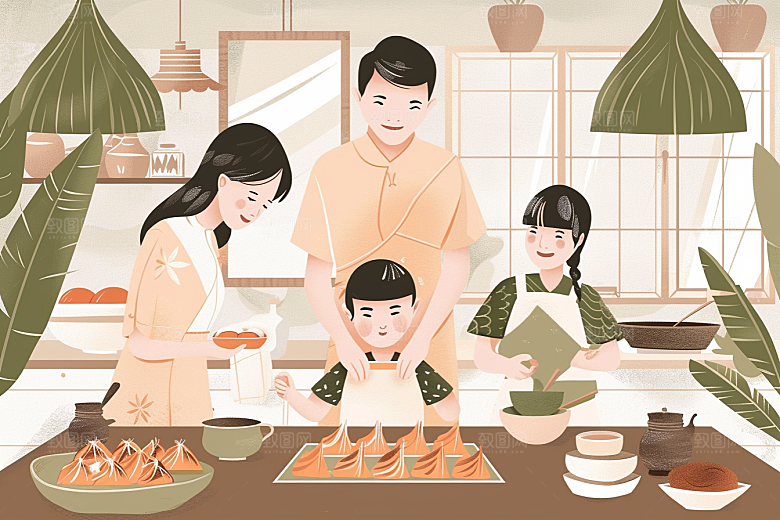 端午包粽子粽叶美食插画