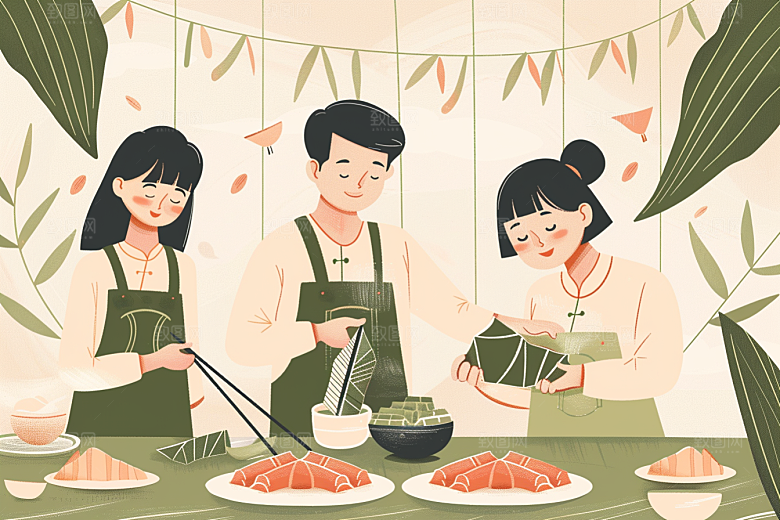 端午包粽子习俗粽叶插画