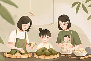 端午包粽子小吃幸福插画
