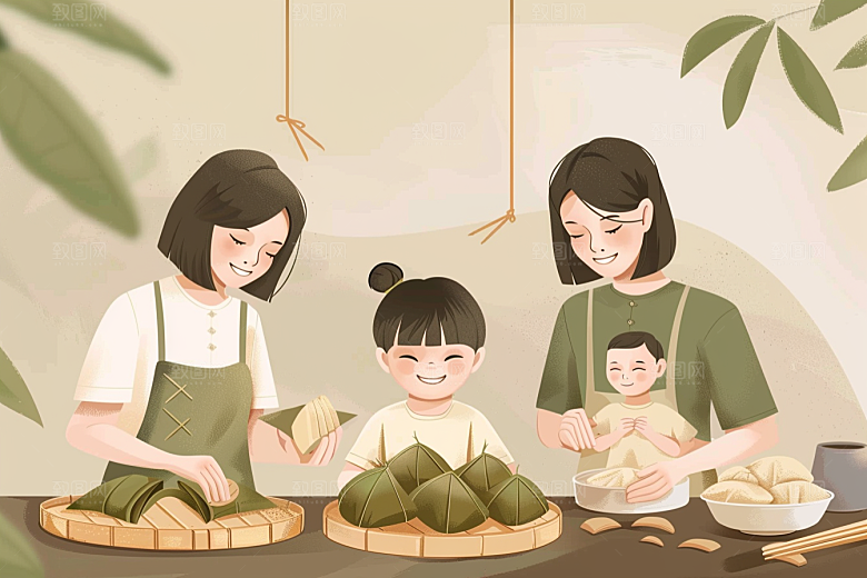 端午包粽子小吃幸福插画