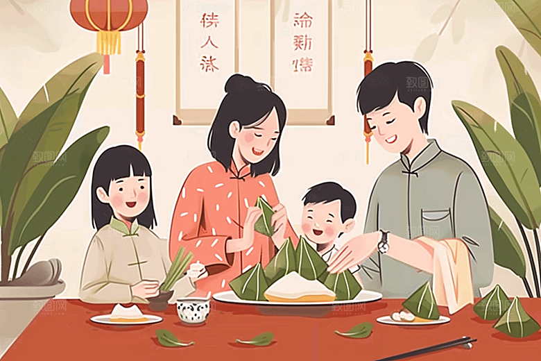 端午包粽子节日氛围美食插画