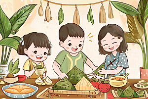 端午包粽子糯米阖家团聚插画