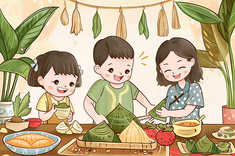 端午包粽子糯米阖家团聚插画